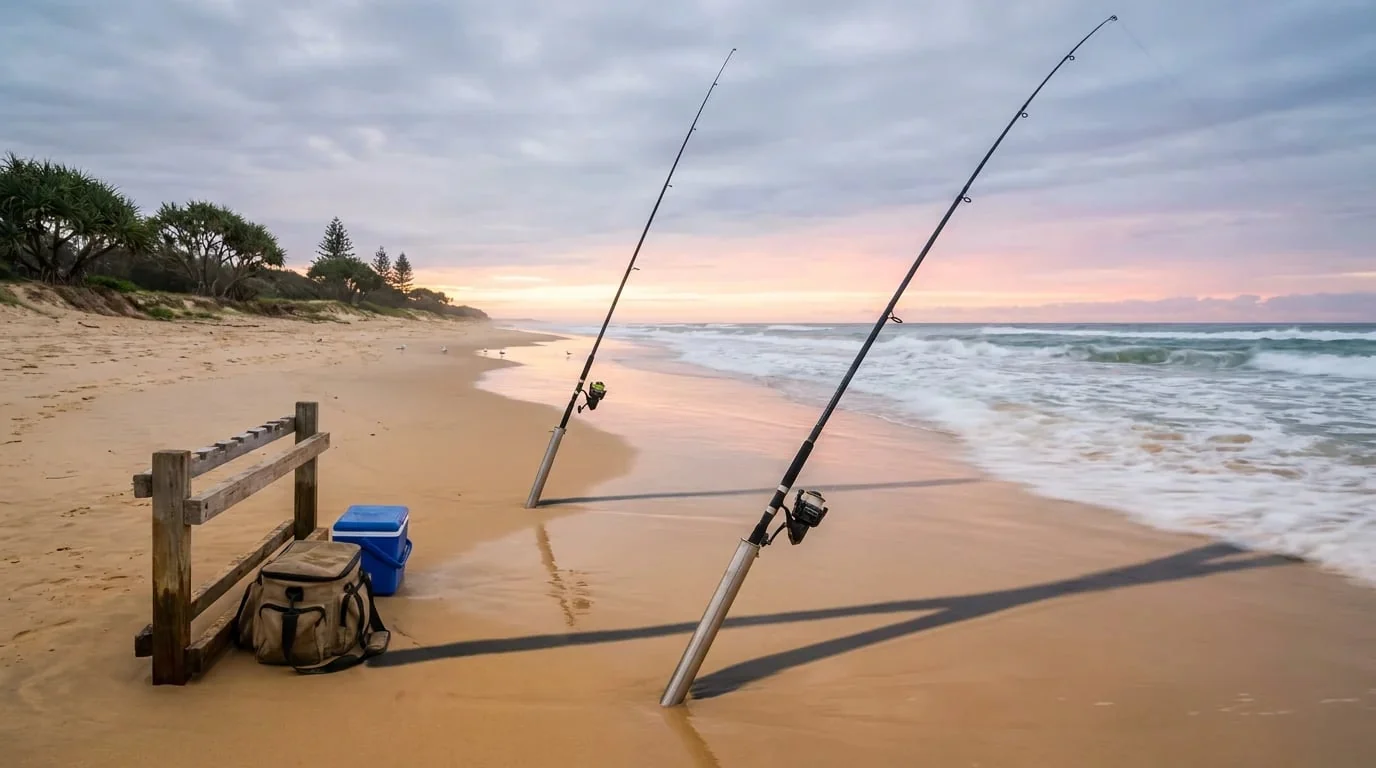 Two fishing rods resting on a quiet Australian beach at sunrise
